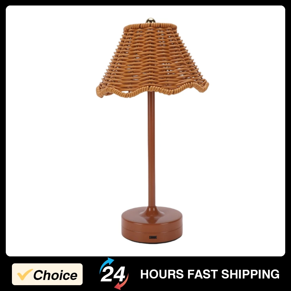 Vintage Rattan Table Lamp Adjustable 120lm LED Lights 3 Colors Wicker Night Light 3000-6500K Bedside Lamp Bedroom Accessories