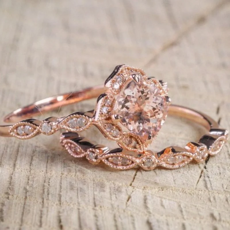 AAA Zircon Stone Micro Paved Bridal Ring Sets Romantic Rose Gold Color Engagement Rings Wholesale Lots&Bulk Midi Rings