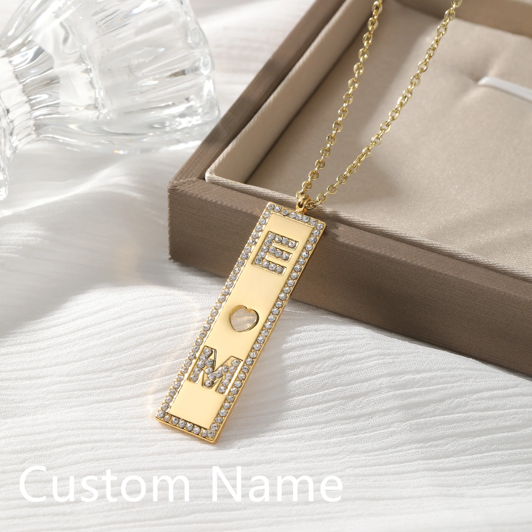 Custom Letter Necklace Stainless Steel Gold Plated Rectangle Pendant Accent Heart Design Personalized Jewelry Christmas Gift