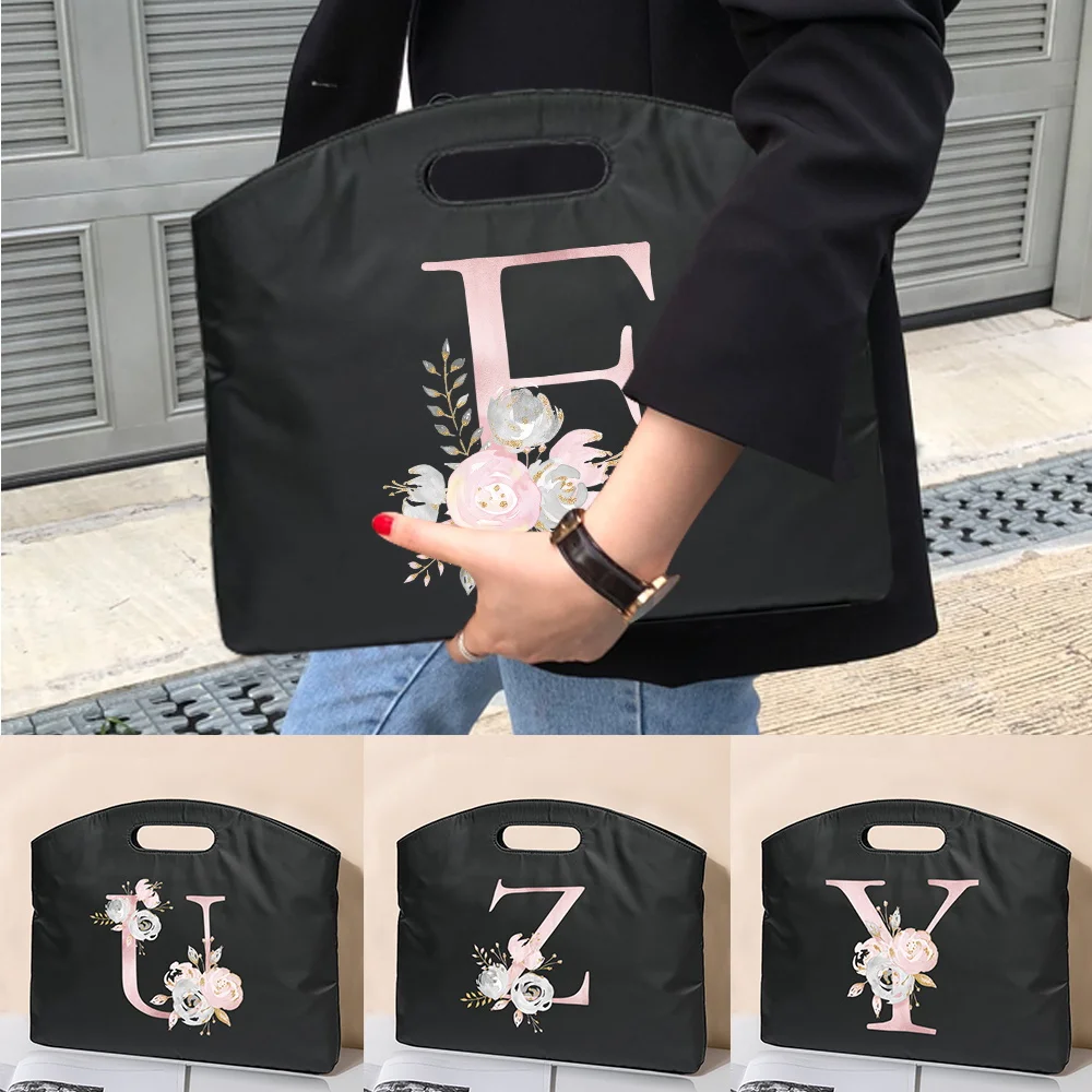 Briefcase File Bag Business Handbag 26 Pink Flower Letter Conference Tablet Bag Unisex Laptop Document Meeting Fashion Tote Bag