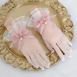 Japanese Soft Girl Lolita Multi Color Lace Tulle Pink Bow, Vintage Elegant Female Gloves, Sweet Wristband, Sissy Maid Cosplay