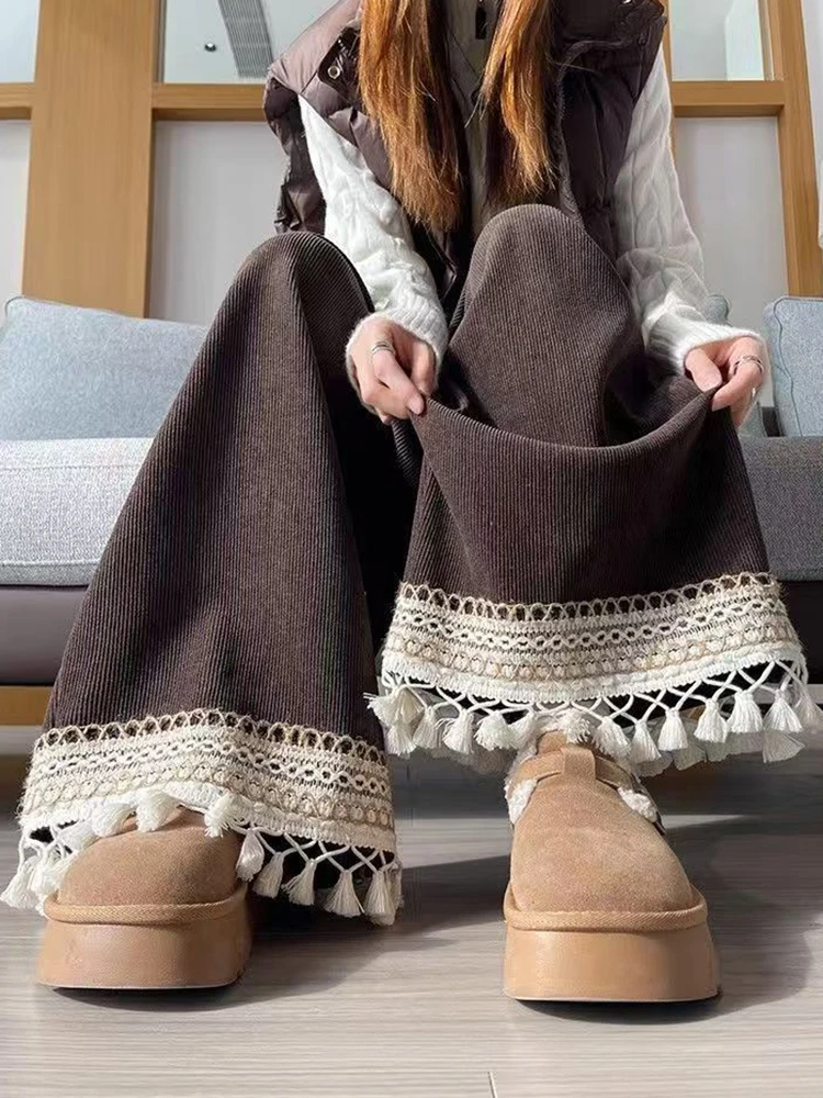 코듀로이 와이드 레그 팬츠 여성 빈티지 하이웨이스트 태슬 두꺼운 캐주얼 바지 가을 겨울 한국 심플 오피스룩 신상 팬츠