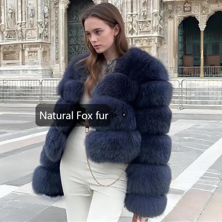 짧은 검정색 천연 여우털 코트, 라운드 칼라 리얼 퍼 코트, 여성용 퍼리 재킷, 고품질 정품 가죽 재킷