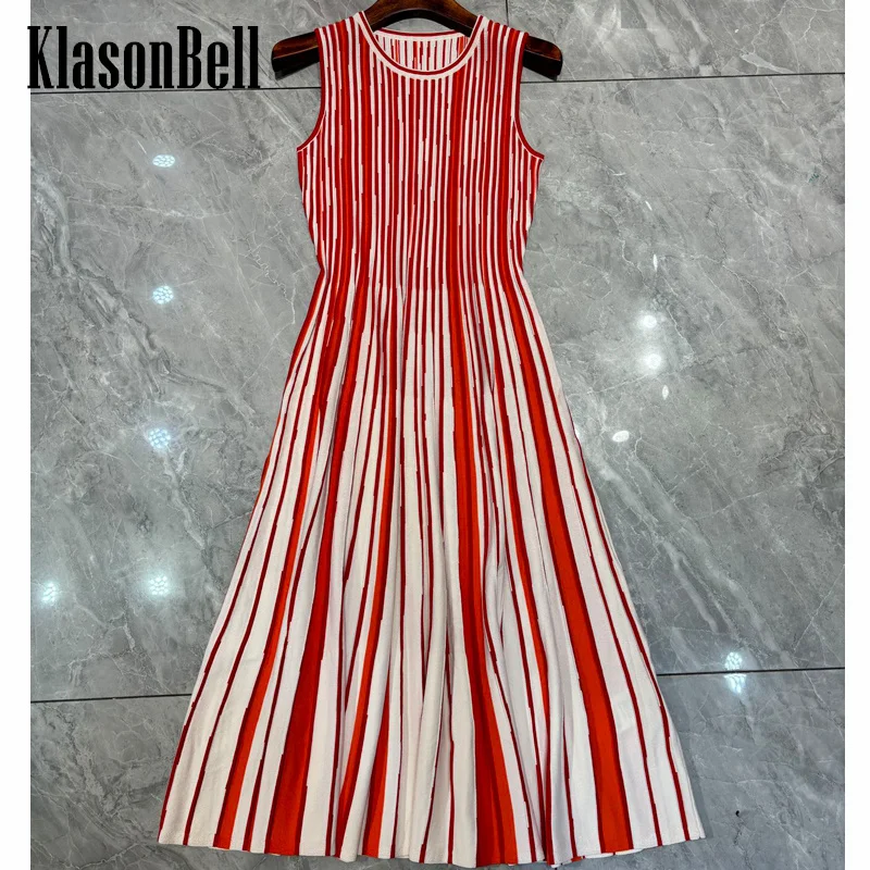 

11.18 KlasonBell Elegant Fashion Contrast Color Striped O-Neck Sleeveless High Stretchy Knit Pleated Mid-Length Dress Women