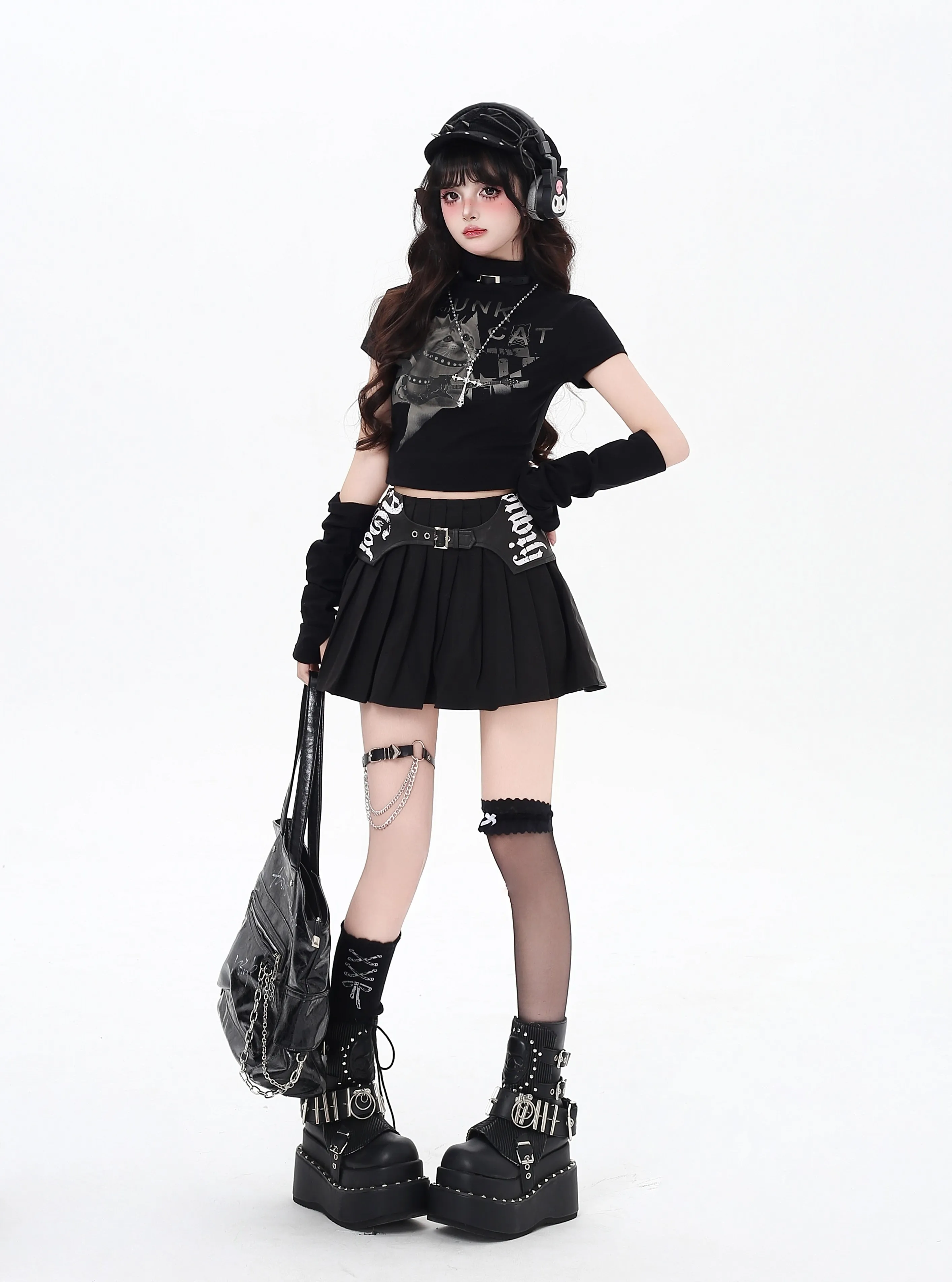 Subcultura gótico doce legal menina y2k mini saia fivela do plutônio cintura alta a linha magro preto plissado saias curtas feminino 2025 outono