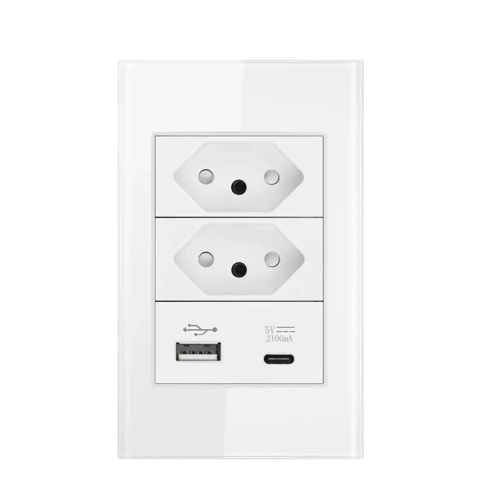 VISWE Type C USB Wall Socket, Brazil Plug with usb Ports 118mm*72mm Crystal Glass Panel, Brazilian Standard 10A Power Outlet