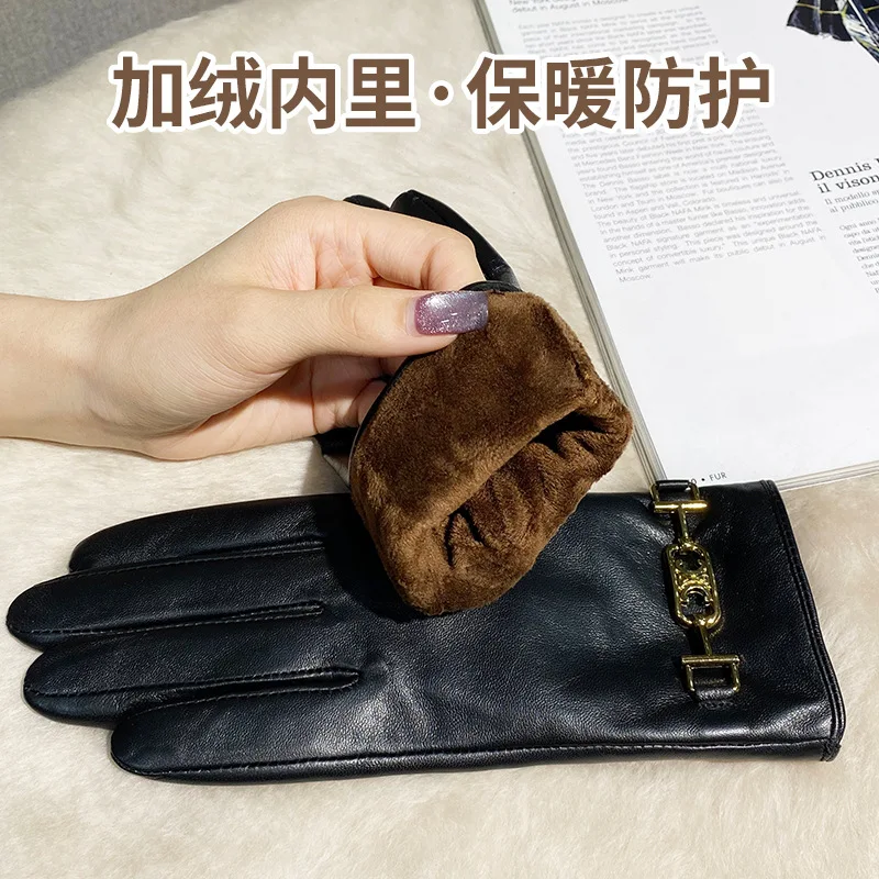 Genuine Leather Gloves Women Plush Touch Screen Driving Cycling Warm Windproof guantes Sheepskin Full Finger Light luxury Gloves