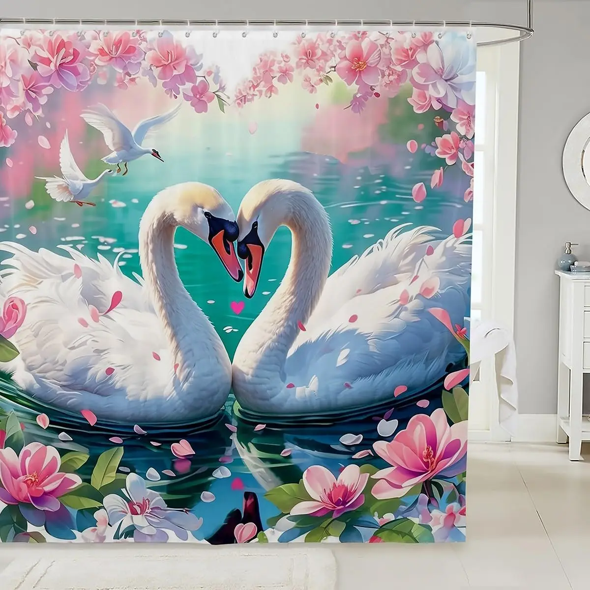 Swan Lake Shower Curtain White Swan Couples Dreamy Lake Animal Love Heart Bath Curtain Cloth Fabric Bathroom Decor Set with Hook