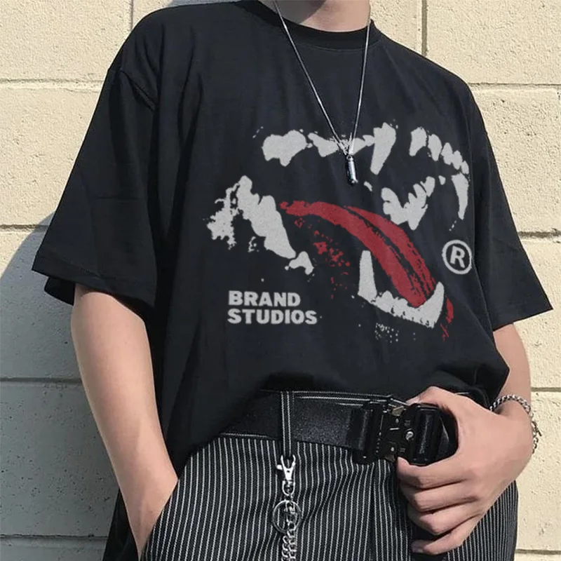 Men's T-Shirt Oversized Goth Tooth Streetwear Cotton Hip Hop Short Sleeve Tee Tops Korean Fashion Vintage Graphic Y2k Clothing