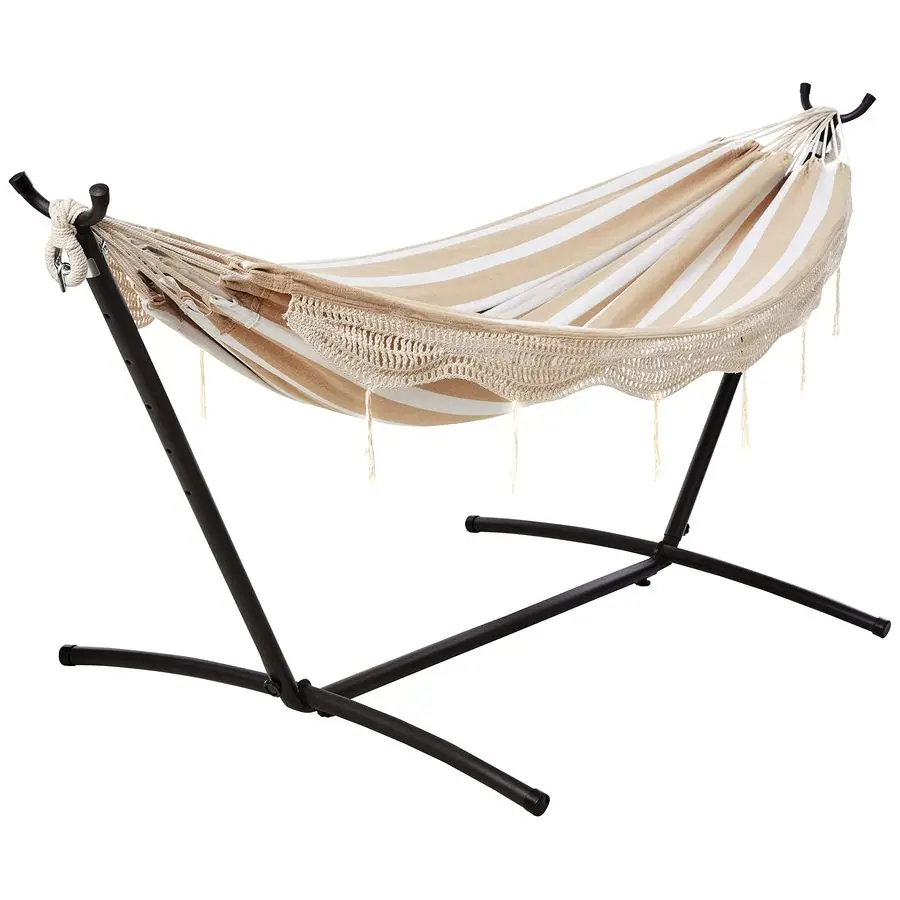 

Double Hammock with 9Foot Space Saving Steel Stand and Carrying Case, 2 Person, 450 lb Capacity, Beige Stripe with Lace