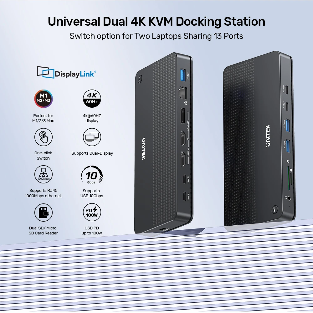 

Unitek USB 10Gbps Switch Universal Dual 4K KVM Docking Station with USB Hub HDMI DP SD/Micro SD Audio Gigabit Ethernet 100W PD