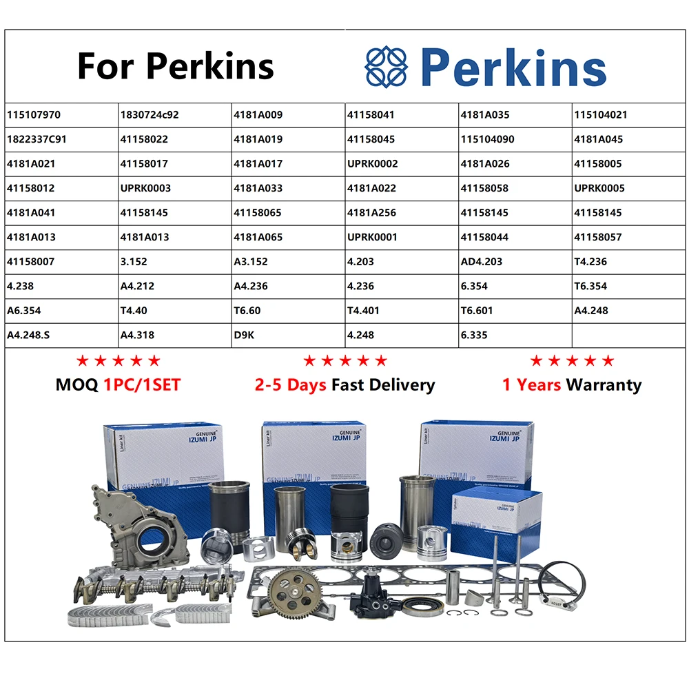 For Perkins 1104D-44T Engine Overhaul Repair Parts Set C4.4 Cylinder Liner Kit 3135X041 Piston Set 3135M161 Gasket Kit T403047