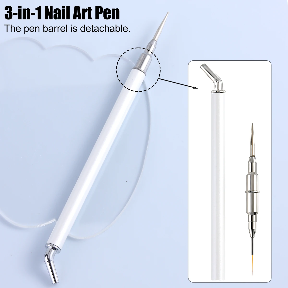 Dual-ended nail art tool: rhinestone picker and dotting pen; 3-in-1 dotting and detailing pen.