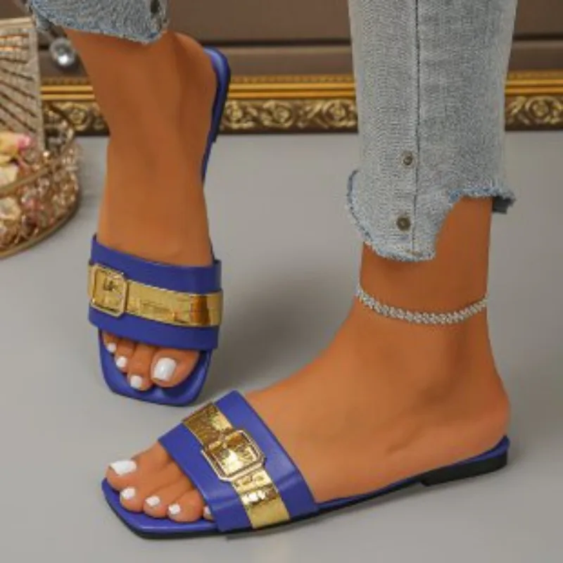 Summer Fashion Belt Buckle Non Slip Women's Slippers 2026 New Luxury Square Toe Outdoor Casual Women Shoes Босоножки Женские