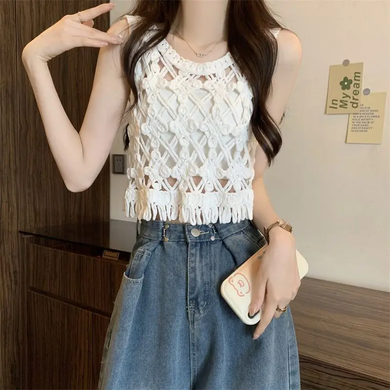 Hook Flower Hollow Out Knitted Camisole Women Summer New Embroidery Solid Sleeveless Vest Korean Style Chic Tassel Crop Tops