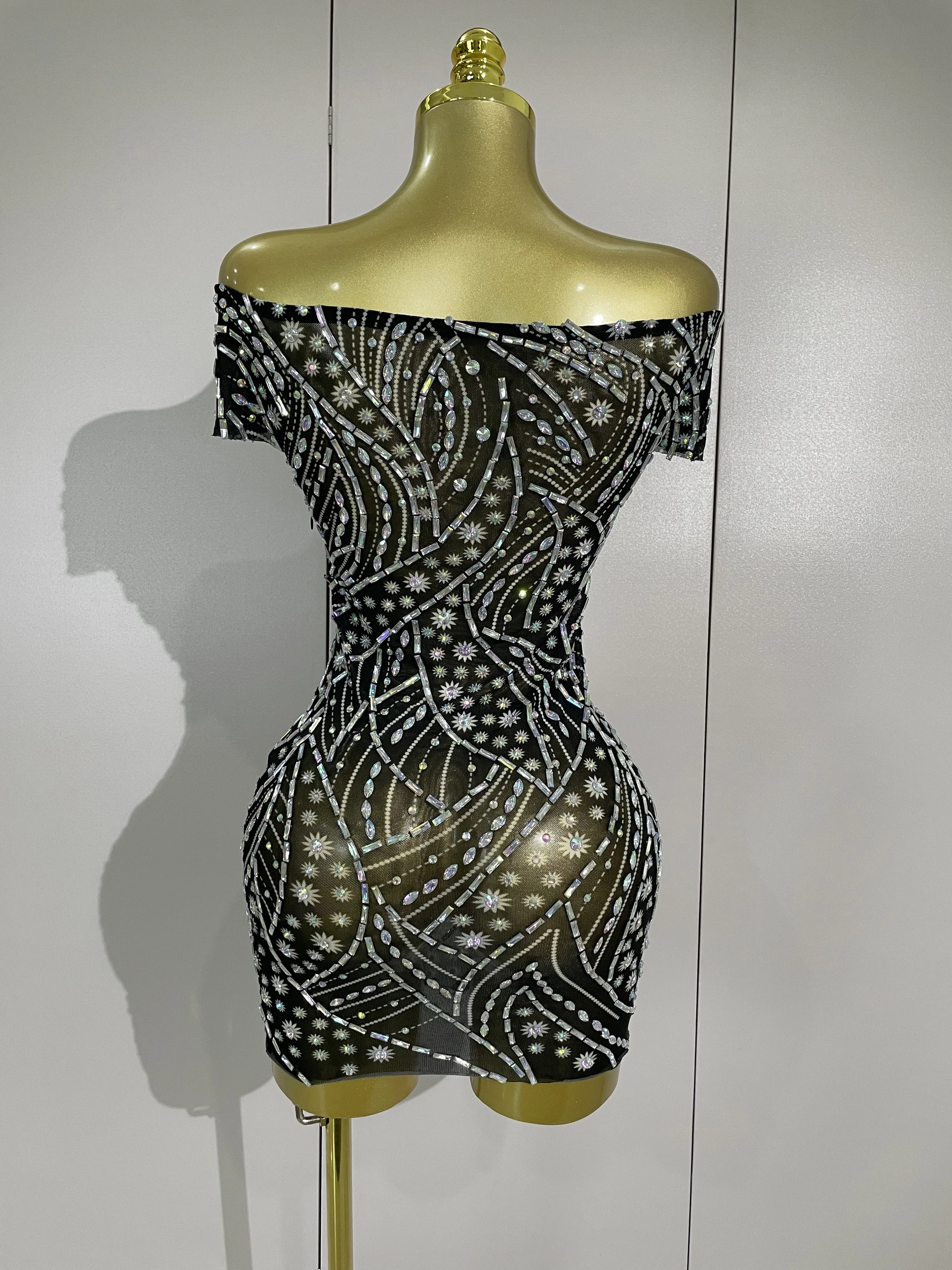 Sparkly Rhinestones Off-The-Shoulder Mesh Sheer Mini Dress Women Eveing Celebrate Birthday Party Sexy Nightclub Stage Costume