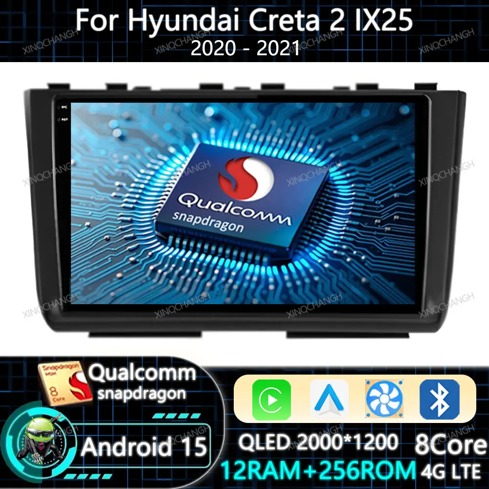 راديو سيارة أندرويد 15 لسيارة هيونداي كريتا 2 IX25 2020 - 2021 QLED 2DIN نظام تحديد المواقع Carplay Auto Qualcomm مشغل فيديو الوسائط المتعددة BT 4G WIFI #1