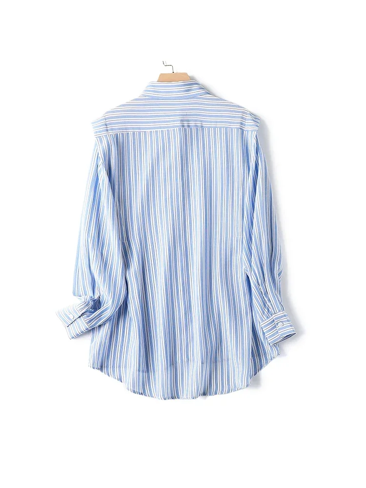 SuyaDream Woman Striped Shirts 100%Pure Silk Long Sleeved Ruffles Blouses 2022 Spring Autumn Chic Clothes Blue