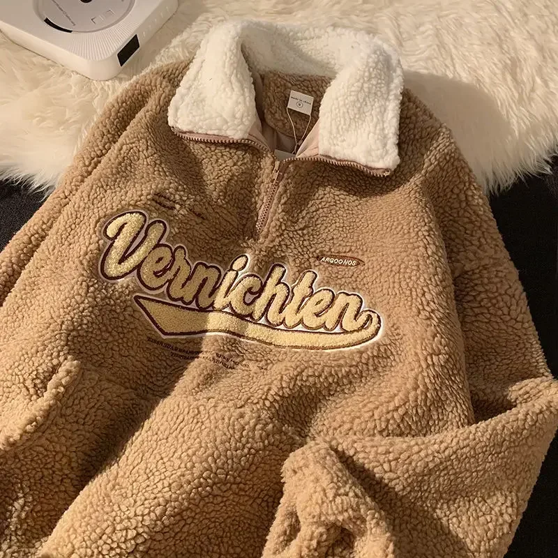 Vintage Letter Embroidery Sweatshirts Women Harajuku V-neck Long Sleeve Pullovers Winter Warm Lambswool Oversize Baseball Y2K