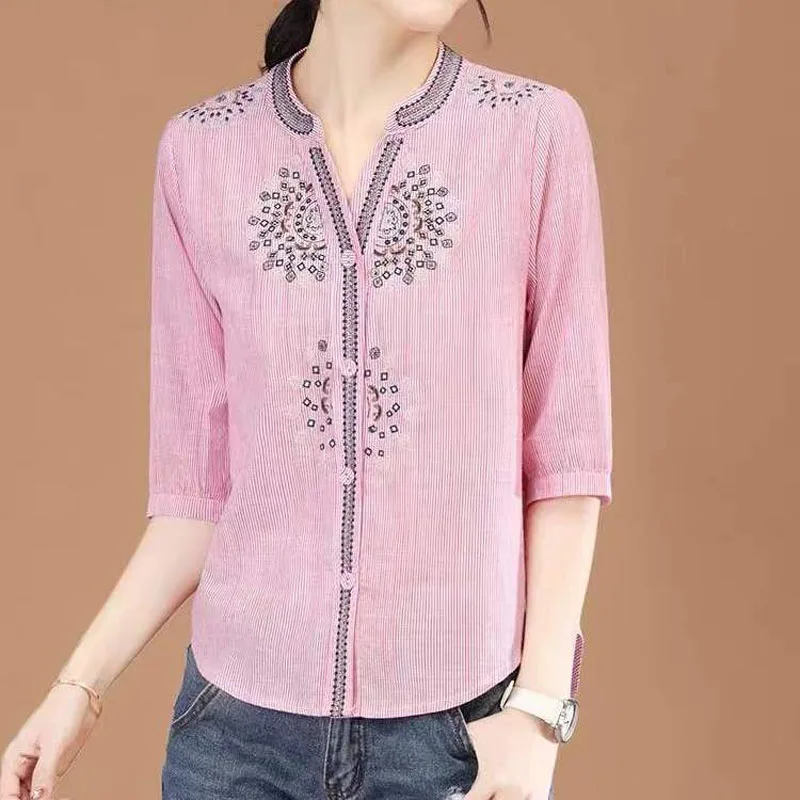 Female Round Neck Half Sleeve Striped Spliced Single Breasted Round Flower Embroidery Shirt Spring Summer Ethnic Tribal Style