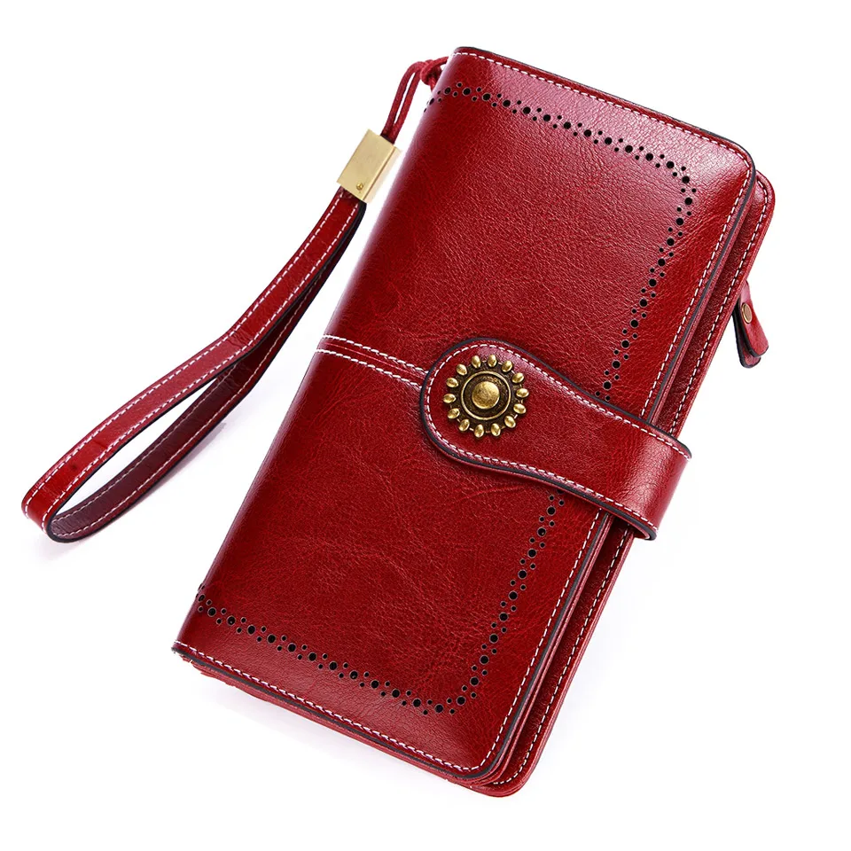 Long Leather Female Clutch Purse Cellphone Bag Coin Wallet Lady Brand Wax Oil Real Genuine Leather Women Wallet Large Money Bag