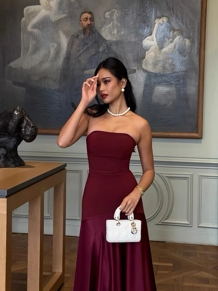 Simple Advanced Cocktail Dress Strapless Dark Red Sleeveless Mermaid For Women Party Formal Occasion Wedding Evening Gown