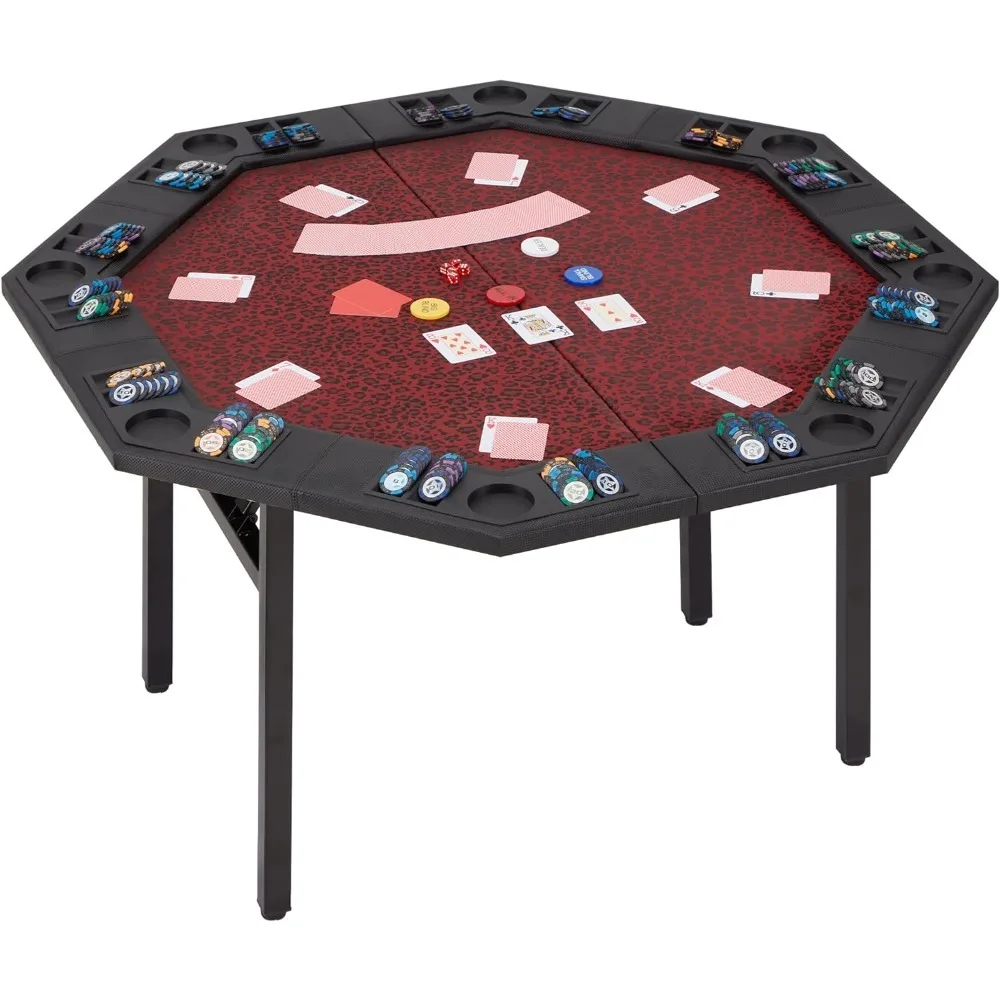 Poker Table Foldable, 8 Players Texas Holdem Table with Chip Trays & Collapsible Legs, Octagon Folding Game Table