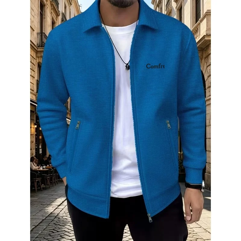 Men's Stand-Up Collar Full-Zip Jacket, Long-Sleeve Pocket Casual Streetwear with Minimalist Small Print for Spring and Autumn