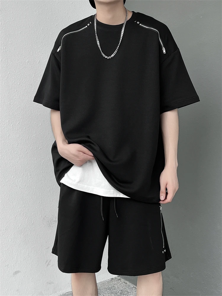 

American Style Heavyweight Double Zipper Sportswear Set Men Summer Trendy Design Casual Short Sleeve Shorts Two Piece Set