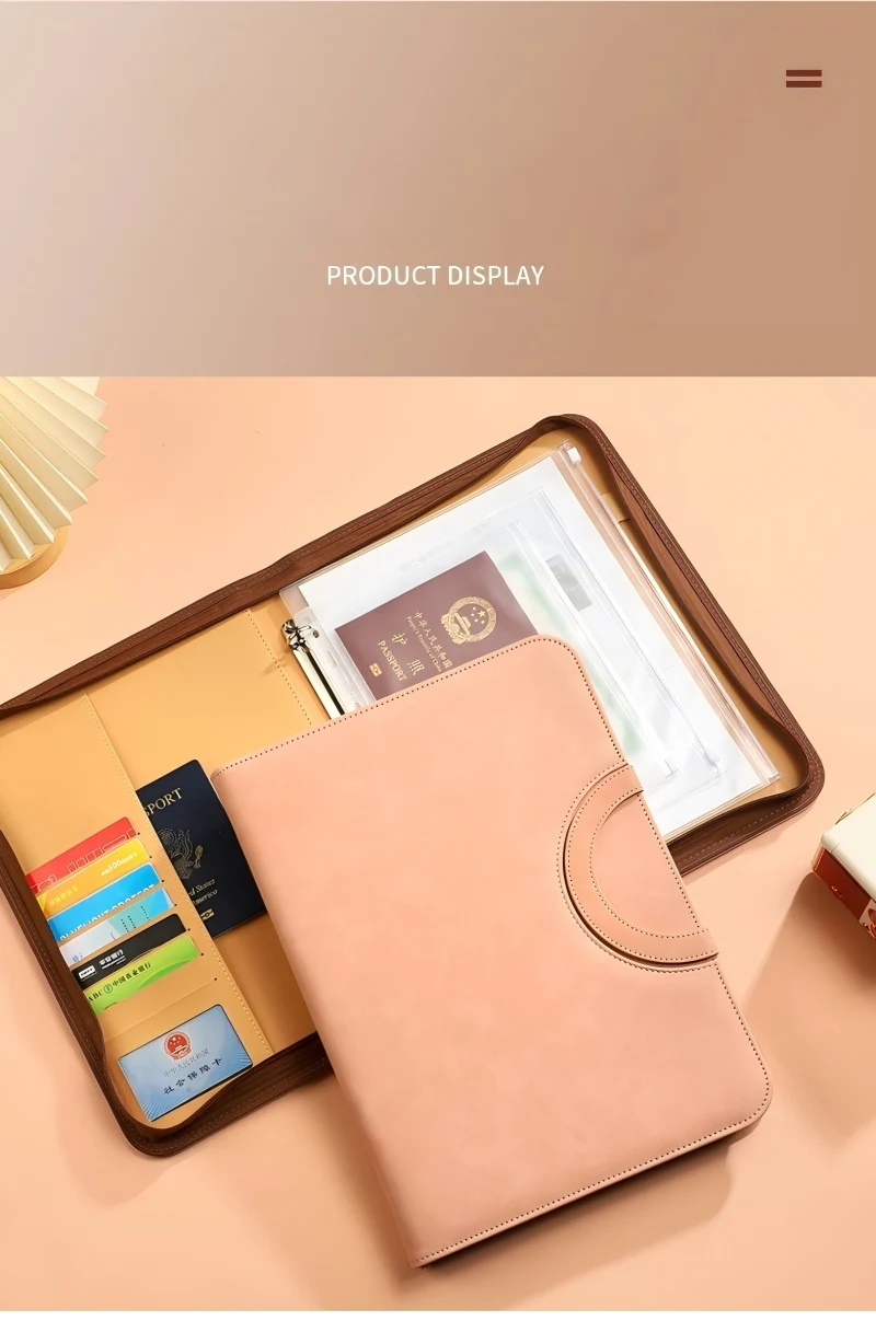 New A4 4-ring PU Leather Binder Document Organizer Folder Set, including 3-type Binder Zipper Pockets with Zipper
