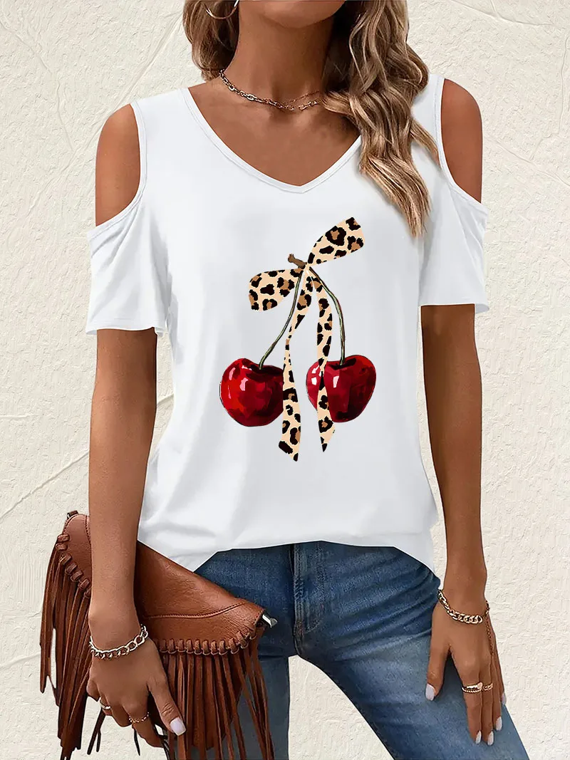 Harajuku Cherry Leopard Print Off-Shoulder V-Neck T-shirt Short Sleeve Graphic V Neck T Shirt Casual Top Tee Summer