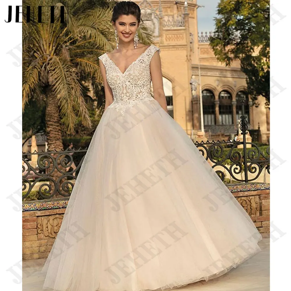 JEHETH Lace V-Neck A-Line Wedding Dresses Spaghetti Straps Tulle Bride Gowns Sleeveless Backless Back Buttons amanda novias 2024