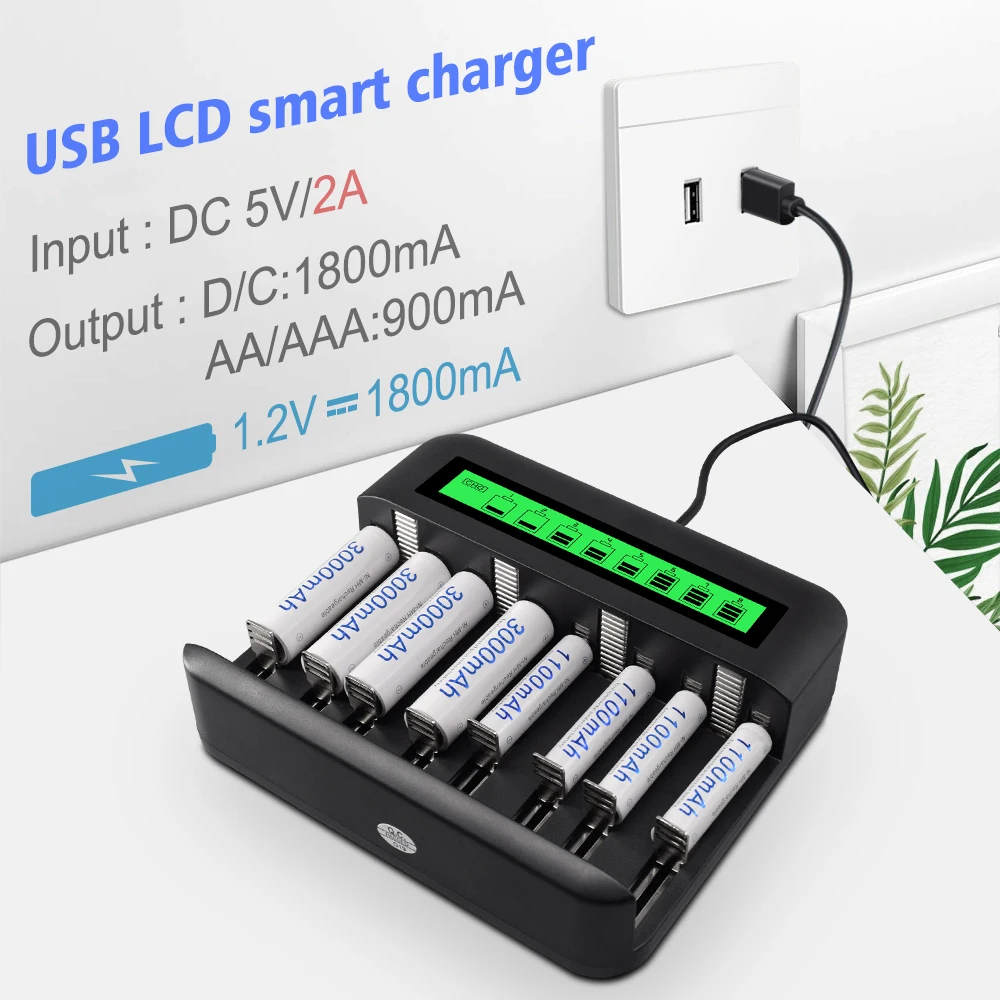 Newest Multiple Lithium Smart Battery Charger 1.2V AA/AAA/D/C Type-C Overcharge USB Quick Charge LCD NI-MH Battery Charger