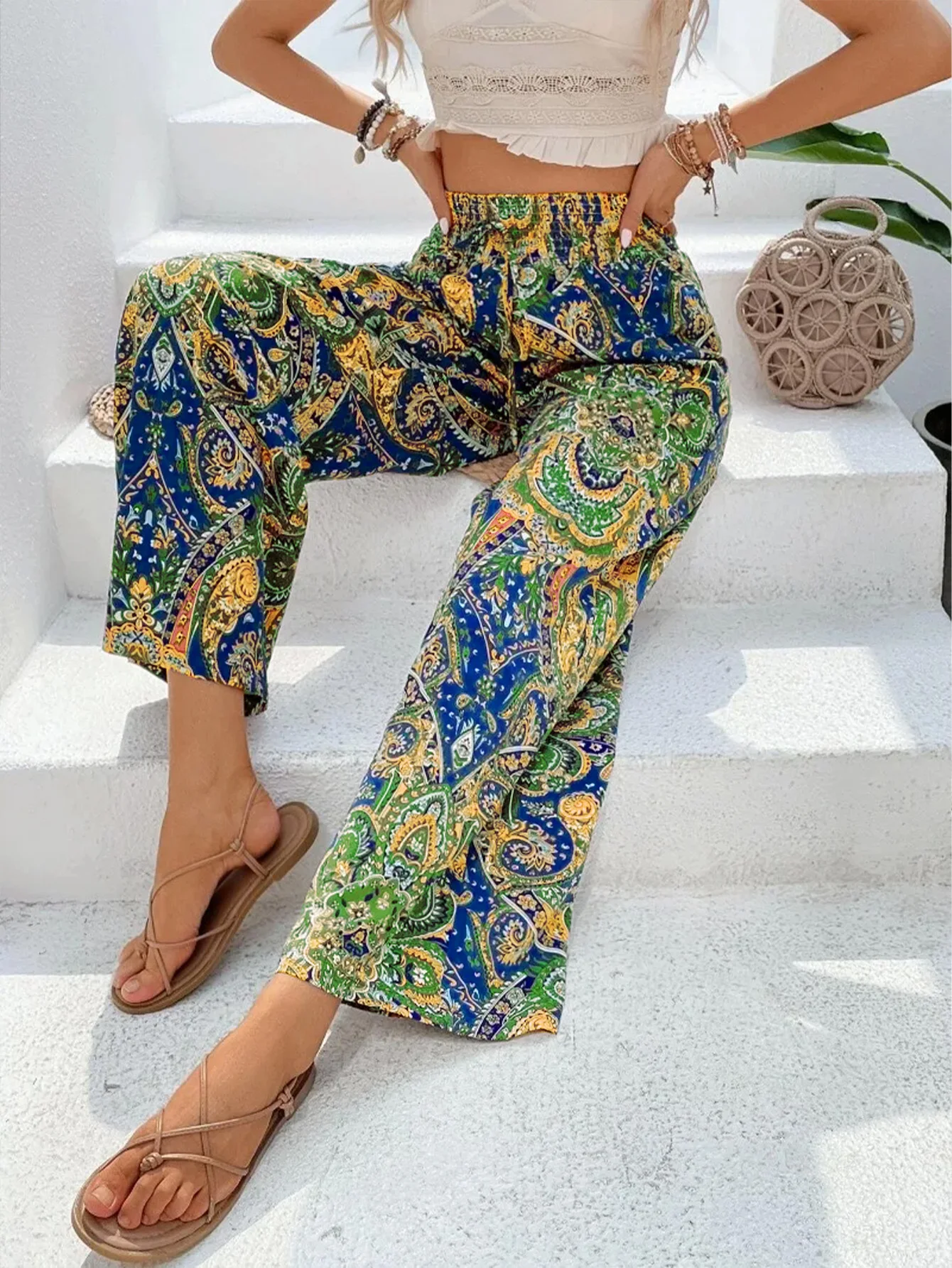 Summer Printing Wide Leg Pants for Women Straight Trouser New Fashion Elastic Waist Versatile Breathable Grace Ladies Streetwear