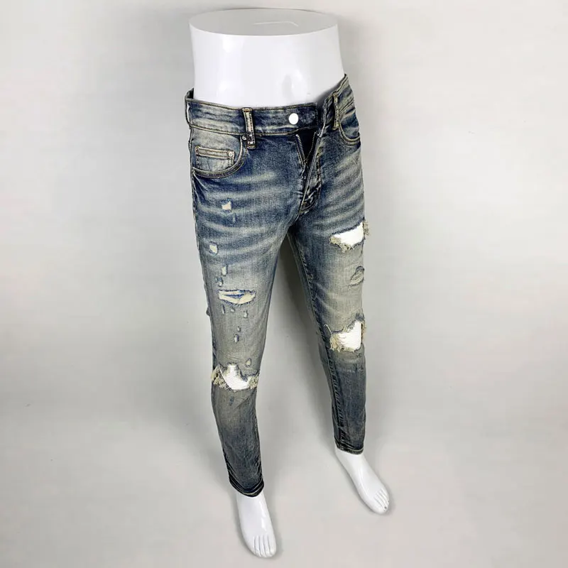 High Street Fashion Men Jeans Retro Washed Blue Stretch Skinny Fit Ripped Jeans Men Patched Designer Hip Hop Brand Pants Hombre