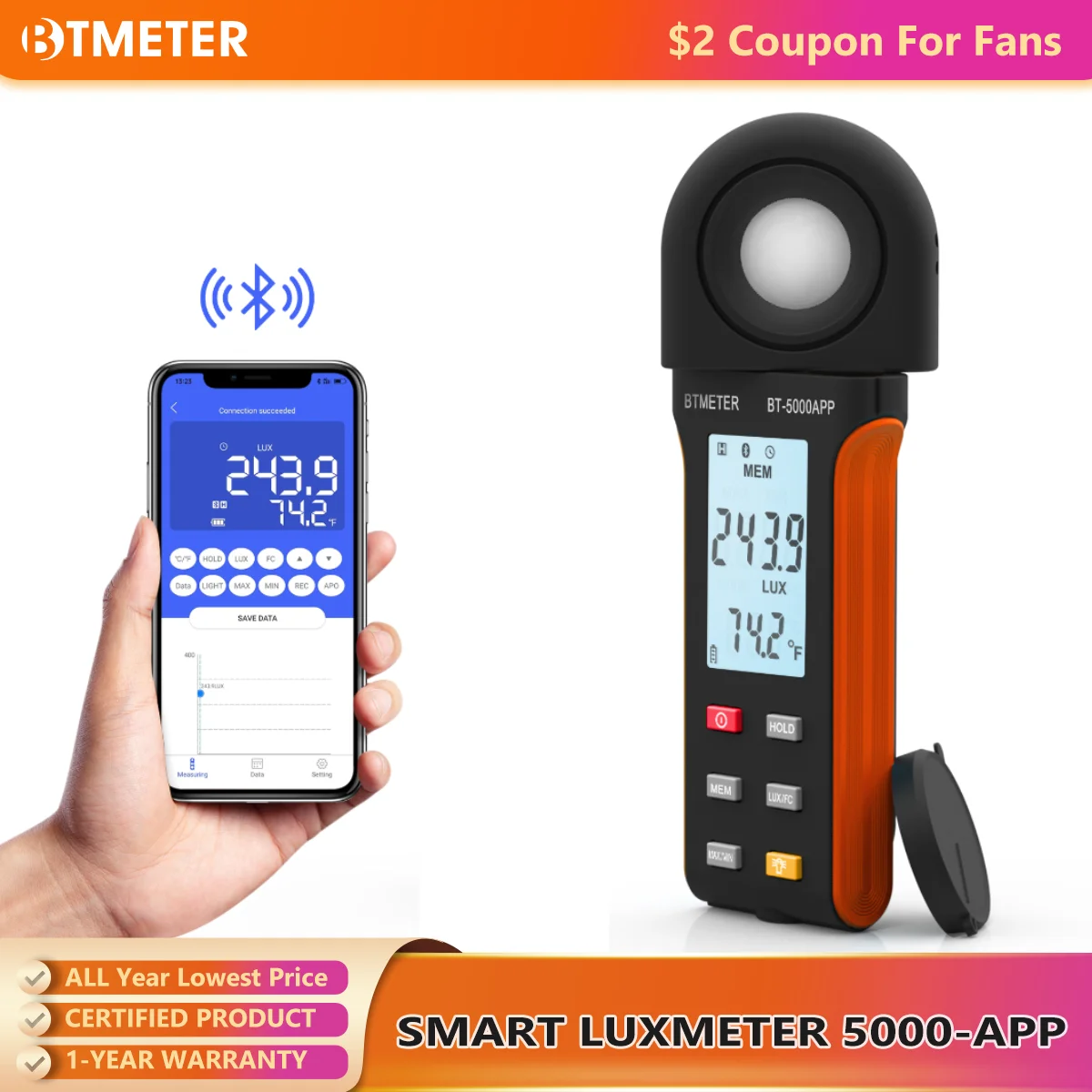 

BTMETER Luxmeter Bluetooth Light Meter Digital Light Meter Measures 1~400,000Lux/FC with Ambient Backlight for Photography Plant