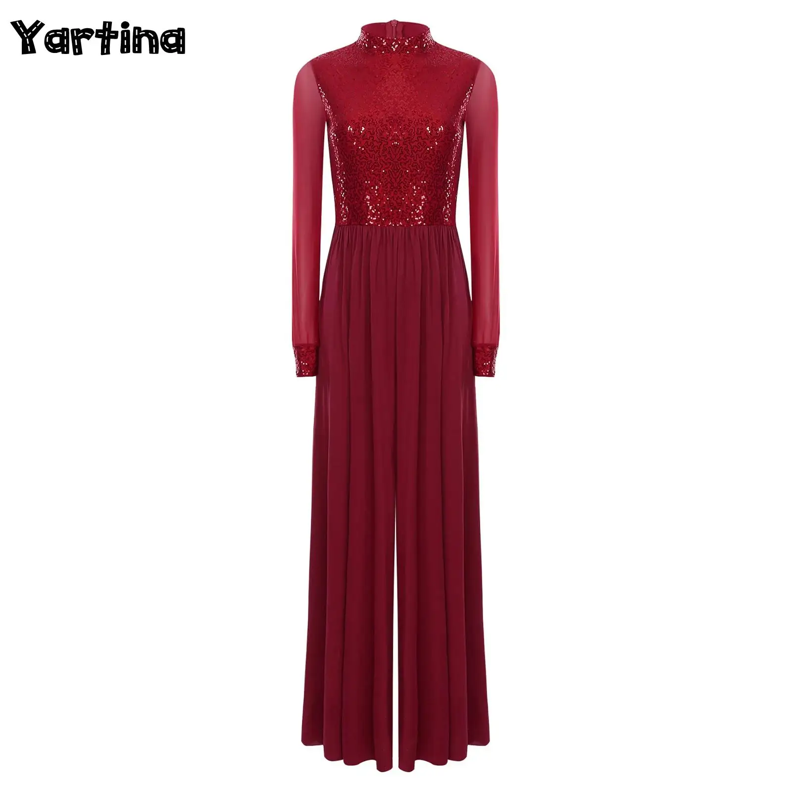 Women Mesh Praise Worship Liturgical Ballet Lyrical Ministry Dance Dress Long Sleeve Mock Neck Sequin Back Zipper Baggy Jumpsuit