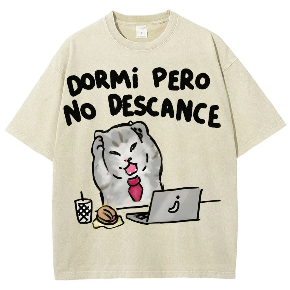 

Cartoon Working Kitten Retro Print y2k Top Funny t shirt Cotton Heavy Duty Washed Short Sleeve T-shirt Fashion Women's Clothes