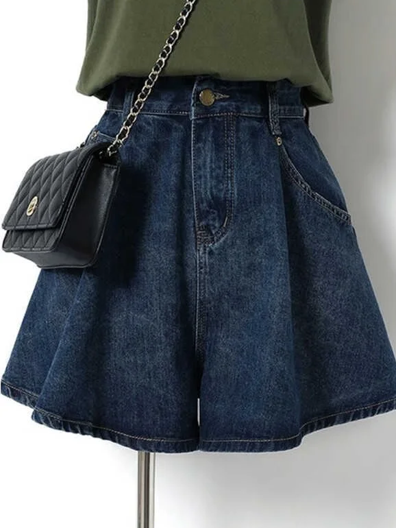 orts Retro de Cintura Alta em Denim Escuro para Mulheres, Tamanho Plus, Estilo A-Line, Confortáveis e Largos