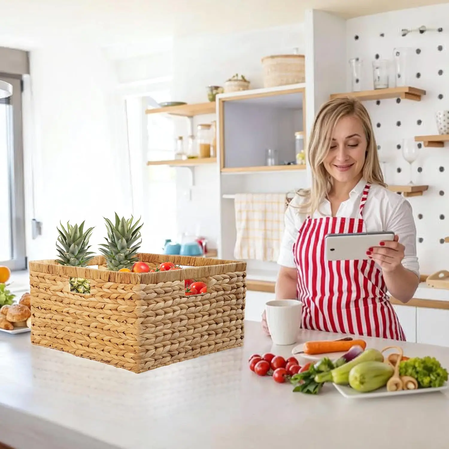 Natural Woven Storage Baskets Set of 3, Large Rectangular with Handles for Home Organization