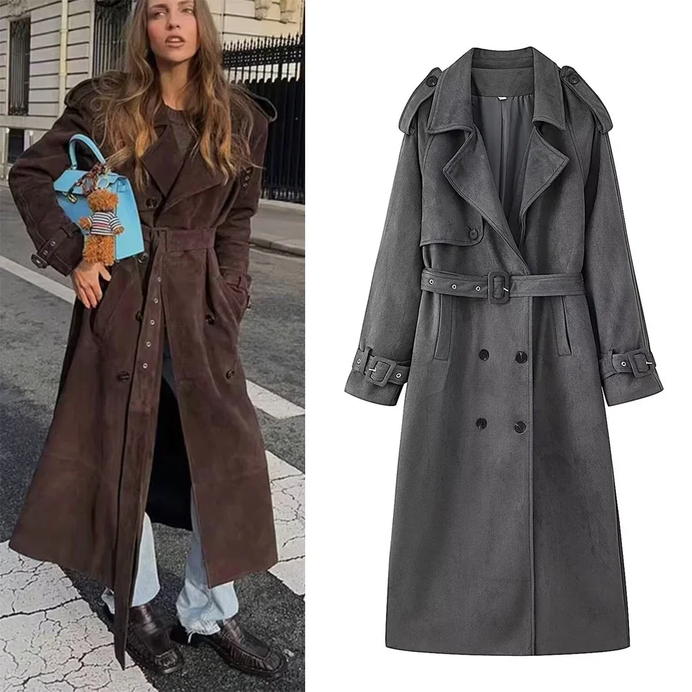 

Уличная одежда, однотонный длинный женский плащ, повседневный пояс с длинным рукавом, лоскутная двубортная женская куртка, осенняя женская ветровка