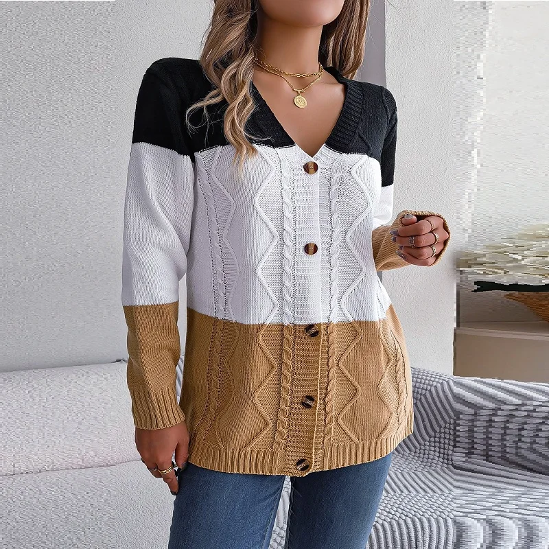 

YEMOGGY Casual Loose striped knit sweater cardigans Winter Women's cardigan 2023 New V-neck single breasted full sleeve sweater