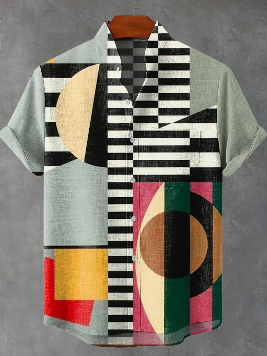 

Minimalist and trendy art design 3D printing men's casual linen stand up collar front pocket comfortable plus size short sleeved