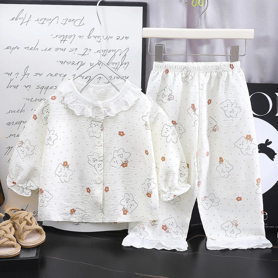 2 Pcs Spring Autumn Kids Loose Thin Pajama Lace Pants Set Girls' Print Home Clothes Sets Summer Child Air Conditioning Clothes #3