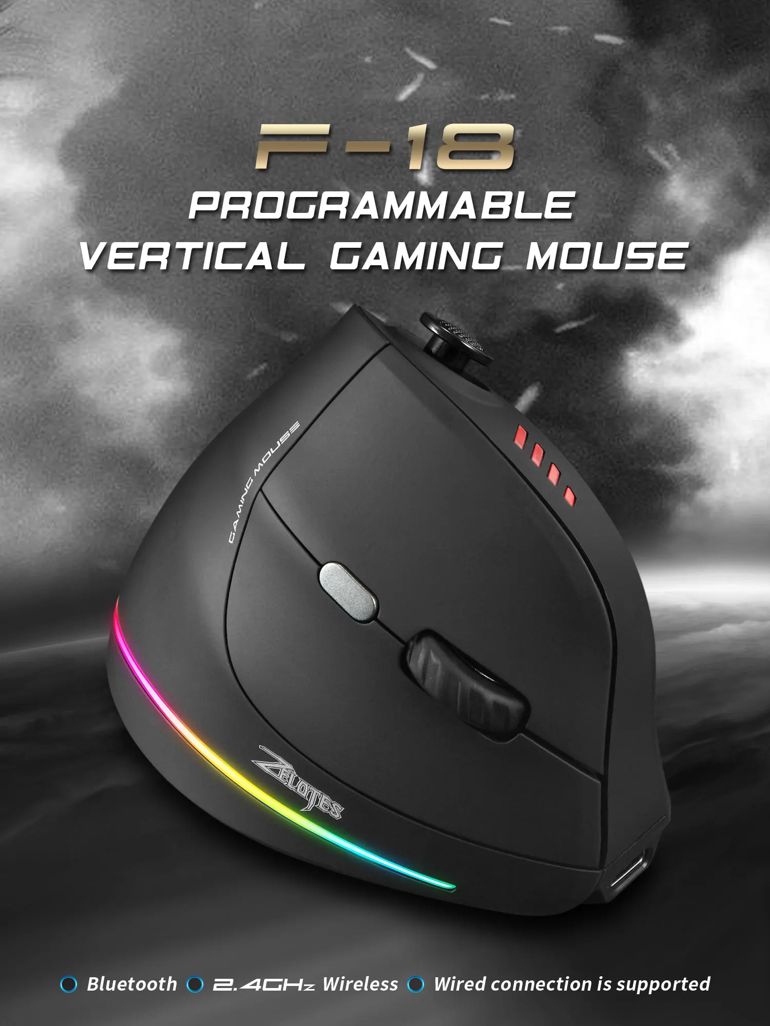 Jomaa RGB Backlit Draadloze Verticale Muis Controle voor Gamer 24000 DPI Verstelbare Programmeerbare Knoppen Gaming Muis Bedraad