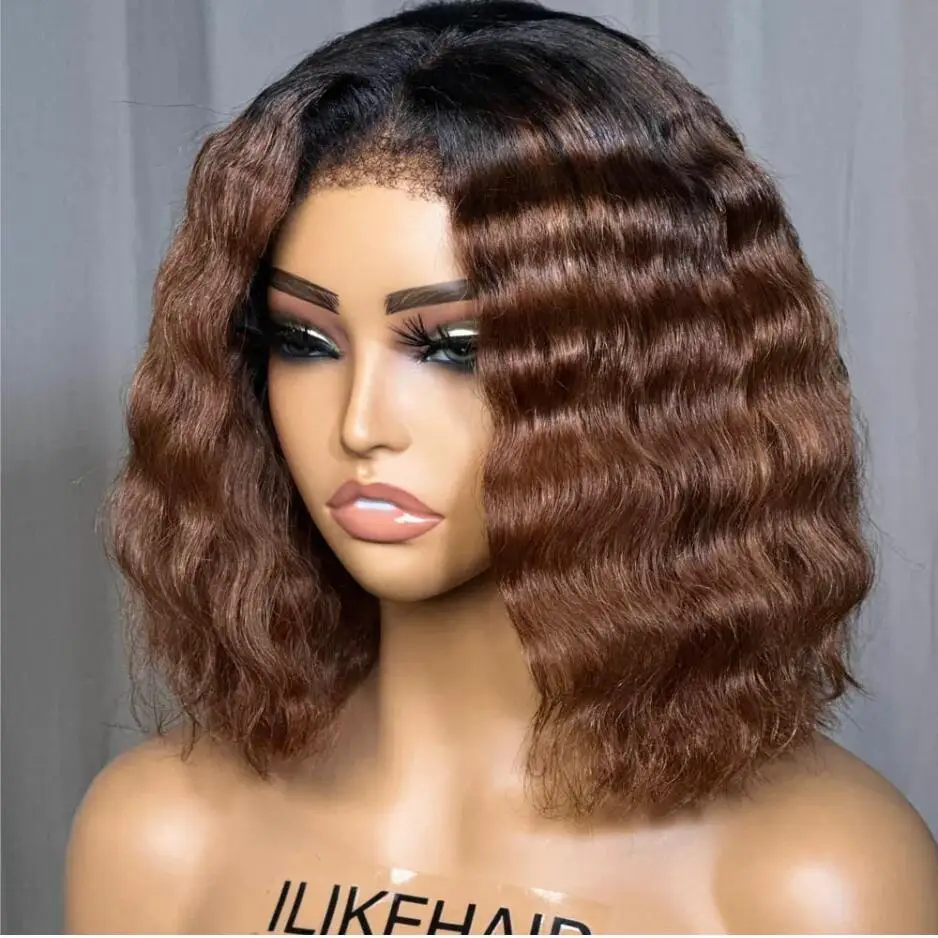 Preplucked Glueless Soft Ombre Honey Blonde Brown Deep Wave Curly Short  Bob Lace Front Wigs For Black Women With Afro Baby Hair