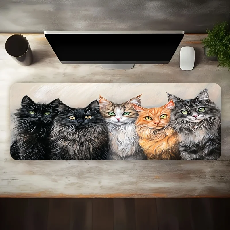 Four Fluffy Cats Art Extra Large Gaming Mouse Pad Non-Slip Rubber Desk Mat Office Decor