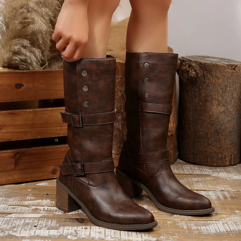 

2025 New Western Boots Fashionable Pointed Toe Belt Buckle Non-Slip Wear-Resistant Block Heel Boots Женские Ботинки