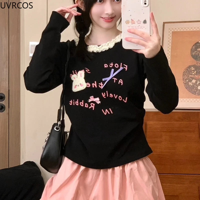 Sweet Cute Lolita Tops Grunge Cartoon Bunny Embroidery Long Sleeves T-shirt Women Y2k Aesthetic Slim Tees Vintage Fairy Japanese