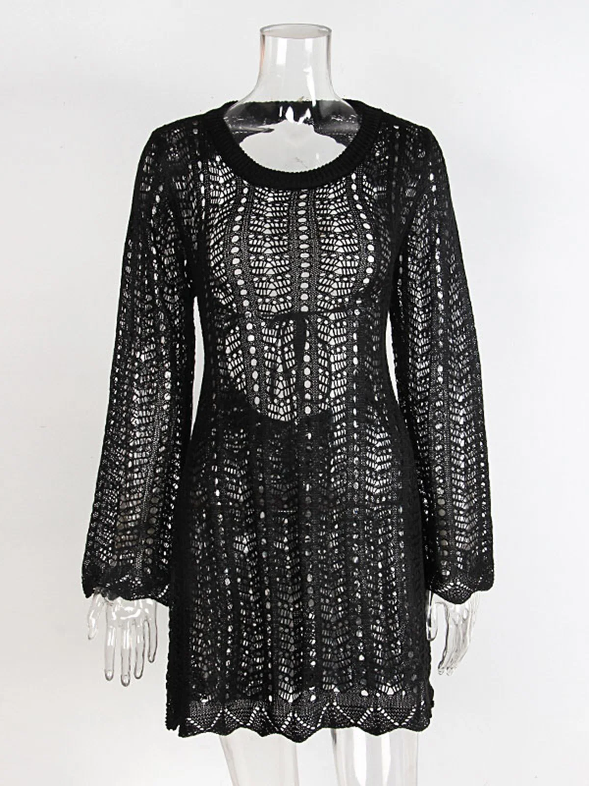 

4 Colors Long Sleeve Backless Crochet Knitted Tunic Beach Cover Up Cover-ups Beach Dress Beach Wear Beachwear Female Women V5692